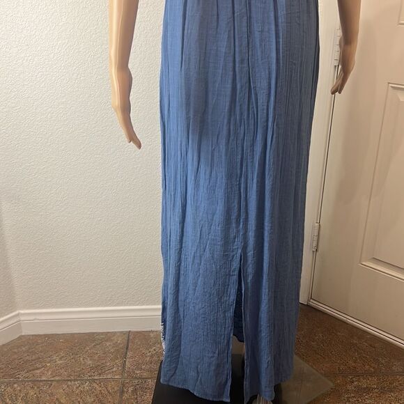 AUW Dress Sz Medium Blue Spaghetti Straps Sleeveless Crotchet Floral Summer Maxi - Picture 8 of 13